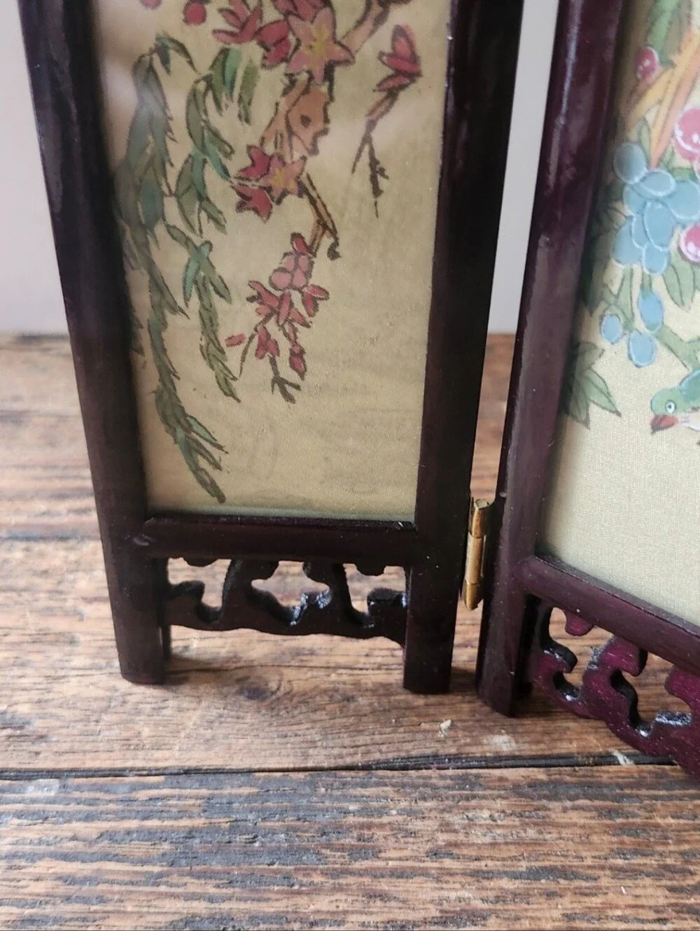 Decorative Four-Panel Mini Folding Screen - Brown with Floral & Bird Panels
